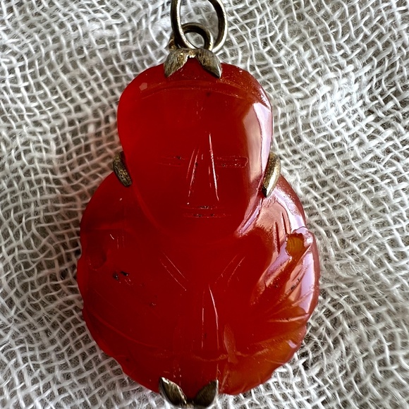Vintage Asian Carnelian Buddha Pendant | 1930s–50s | Sterling Silver Bezel - Picture 2 of 16